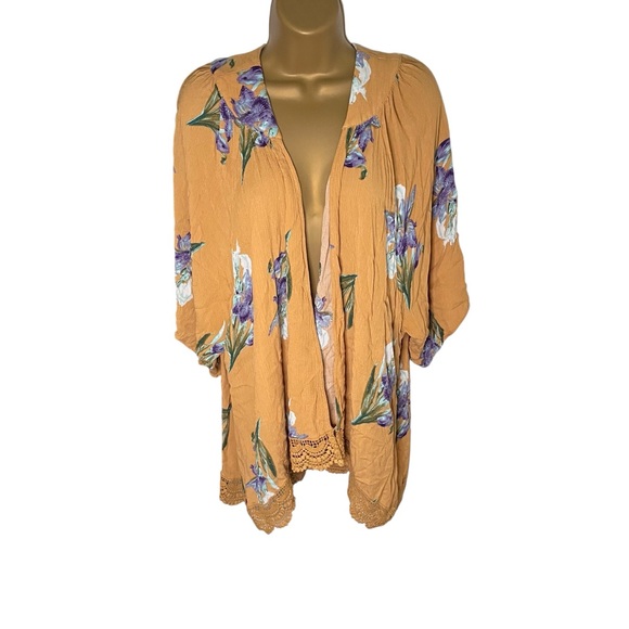 PinkBlush Floral Kimono Cardigan Crochet Trim Mustard Combo M/L - Picture 1 of 5
